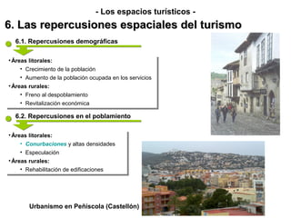 - Los espacios turísticos -
6. Las repercusiones espaciales del turismo
  6.1. Repercusiones demográficas

••Áreas litorales:
  Áreas litorales:
     •• Crecimiento de la población
        Crecimiento de la población
     •• Aumento de la población ocupada en los servicios
        Aumento de la población ocupada en los servicios
••Áreas rurales:
  Áreas rurales:
     •• Freno al despoblamiento
        Freno al despoblamiento
     •• Revitalización económica
        Revitalización económica

  6.2. Repercusiones en el poblamiento

••Áreas litorales:
  Áreas litorales:
     •• Conurbaciones y altas densidades
        Conurbaciones y altas densidades
     •• Especulación
        Especulación
••Áreas rurales:
  Áreas rurales:
    •• Rehabilitación de edificaciones
       Rehabilitación de edificaciones




        Urbanismo en Peñíscola (Castellón)
 