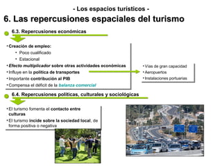 - Los espacios turísticos -
6. Las repercusiones espaciales del turismo
  6.3. Repercusiones económicas

••Creación de empleo:
  Creación de empleo:
     •• Poco cualificado
        Poco cualificado
     •• Estacional
        Estacional
••Efecto multiplicador sobre otras actividades económicas
   Efecto multiplicador sobre otras actividades económicas   ••Vías de gran capacidad
                                                               Vías de gran capacidad
••Influye en la política de transportes
   Influye en la política de transportes                     ••Aeropuertos
                                                               Aeropuertos
••Importante contribución al PIB
   Importante contribución al PIB                            ••Instalaciones portuarias
                                                                Instalaciones portuarias
••Compensa el déficit de la balanza comercial
  Compensa el déficit de la balanza comercial
  6.4. Repercusiones políticas, culturales y sociológicas

••El turismo fomenta el contacto entre
   El turismo fomenta el contacto entre
  culturas
   culturas
••El turismo incide sobre la sociedad local, de
   El turismo incide sobre la sociedad local, de
  forma positiva o negativa
   forma positiva o negativa
 