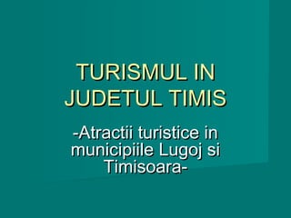 TURISMUL INTURISMUL IN
JUDETUL TIMISJUDETUL TIMIS
-Atractii turistice in-Atractii turistice in
municipiile Lugoj simunicipiile Lugoj si
Timisoara-Timisoara-
 