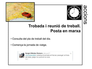 accions
                Trobada i reunió de treball.
                            Posta en marxa
• Consulta del pla de treball del dia.

• Comença la jornada de viatge.
 
