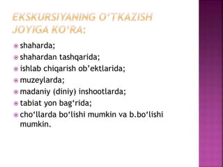  shaharda;
 shahardan tashqarida;
 ishlab chiqarish ob’ektlarida;
 muzeylarda;
 madaniy (diniy) inshootlarda;
 tabiat yon bag‘rida;
 cho‘llarda bo‘lishi mumkin va b.bo‘lishi
mumkin.
 