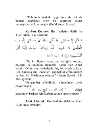 16
“(Her işinizde) Rabbinize yönelin ve
(nefislerinizle) O’nun (emirlerine, dinine) teslim
olun.” (Zümer Suresi 54. ayet)
Yardım Dilemek: Bu (ibadete) delil ise Yüce
Allah’ın şu sözüdür:

Ω∉†ΠςΤÿΜΞ…
ΣŸΣ‰Τ⊕ΩΤ⇓
ð∉†ΠςΤÿΜΞ…Ω
〉κΨ⊕ΩJΤ⌠♥ΩΤ⇓
(5)

]
% 	

[
“Yalnız sana ibadet eder ve yalnızca senden
yardım dileriz” (Fatiha Suresi 5. ayet)
Peygamber efendimiz bir hadisinde şöyle
buyurmuştur:

  	 	
 “Yardım
dilediğin zaman Allah’tan yardım dile”
Sığınmak: Bu (ibadetin) delili ise Yüce
Allah’ın şu sözüdür:

ΣΤ∈
Σ′Σ∅Κς…
ϑγ‡Ω≤ΨŠ
Ξ♣†Πς⇒√≅…
(1)
Ψ∠Ψ∏Ω∨
Ξ♣†Πς⇒√≅…
(2)

]
A 	

[
“De ki: İnsanların Rabbi ve Hükümranı olan
Allah’a sığınırım” (Nas Suresi 1-2. ayet)
İmdat Dilemek: Bu (ibadetin) delili ise Yüce
Allah’ın şu sözüdür:

′ΞΜ…
Ω⇐ΣΤ‘∼Ψ⊕ΩJπΤ♥ΩΤ=
¬Ρ∇ΘΩΤŠΩ⁄
ð‡†Ω•ΩΤJ♠≅†ΩΤ⊇
¬Σ|ς√
...

]
2=, 	


[
 