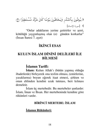 17
“Rabbinizi imdada çağırdınız da (O da
hemen akabinde) sizin bu çağrınıza cevap
vermişti(karşılık vermişti). (Enfal Suresi 9. ayet)
Kurban Kesmek: Bu (ibadetin) delili ise
Yüce Allah’ın şu sözüdür:

ΣΤ∈
ΘΩ⇐ΜΞ…
Ψ=ð„Ω″
Ψ∇Σ♥ΣΤ⇓Ω
Ω†ΩΤ∼οðšΩ
Ψ=†Ω∧Ω∨Ω
ΨΠς∏Ψ√
ϑγ‡Ω⁄
Ω⇐κΨ∧ς∏ΗΤΩ⊕√≅…
‚Ω-
ð∠ÿΞ≤ΤΩ→
Ι∃ΣΤς√
ð∠Ψ√.ςϒΨŠΩ
〉‹⌠≤ΤΨ∨ΡΚ…
Ν†ΩΤ⇓ςΚ…Ω
ΣΠςΚς…
Ω⇐κΨ∧Ψ∏πΤ♥Σ∧√≅…
(162)

]
	

=,
B
[
“De ki: Benim namazım, kestiğim kurban,
hayatım ve ölümüm alemlerin Rabbi olan Allah
içindir. O’nun (bu ibadetlerde) hiç bir ortağı yoktur.
Ben bununla (bu ibadetleri yapmakla) emrolundum
ve ben ilk Müslüman olanım.” (Enam Suresi 162-
163. ayetler)
(Peygamber efendimiz) sünnetinde şöyle
buyurmuştur:

	 
	   
 “ Allah
kendinden başkası için kurban kesene lanet etmiştir.”
Adak Adamak: Bu (ibadetin) delili ise Yüce
Allah’ın şu sözüdür:
 