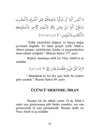 24
İMANIN ŞARTLARI:
1- Allah’a inanmak
2- Meleklere inanmak
3- Kitaplara inanmak
4- Peygamberlere
inanmak
5- Ahiret gününe
inanmak
6- İyi ve kötü yönleriyle
kadere inanmak.
Bu ibadetlere delil ise yüce
Allah’ın şu sözüdür:
 