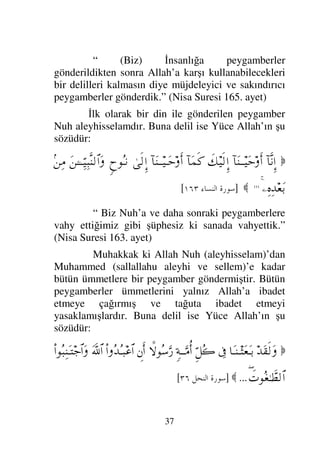 34
“ De ki: Ey İnsanlar! Şüphesiz ki ben
Allah’ın elçisi (peygamberi) olarak sizin hepinize
gönderildim” (Araf Suresi 58. ayet) Onunla Yüce
Allah dinini kemale, tamama erdirmiştir. Buna delil
ise Yüce Allah’ın şu sözüdür:

...
Ω⋅⌠Ω∼√≅…
〉Œ∏Ω∧{ςΚ…
⌠¬Ρ∇ς√
⌠¬Ρ∇Ω⇒ÿΨ 
〉Œ∧Ω∧Τ=ςΚ…Ω
⌠¬Ρ∇∼ς∏Ω∅
ΨJΩ∧⊕ΨΤ⇓
〉Œ∼Ψ∂Ω⁄Ω
Σ¬Ρ∇ς√
Ω¬ΗΤΤς∏Τ⌠♠‚ΞΜ≅…
†_Τ⇒ÿΨ 
...

]

7 	

#
[
“ Bu gün ben size dininizi kemale erdirdim ve
üzerinize nimetimi tamamladım ve İslam dininden
sizin için razı oldum” (Maide Suresi 3. ayet)
Peygamber efendimizin öldüğüne delil ise
Yüce Allah’ın şu sözüdür:

ð∠ΠςΤ⇓ΜΞ…
τŒΘΨΤ∼Ω∨
¬ΣΠςΤ⇓ΞΜ…Ω
Ω⇐ΣJΘΨΤ∼ΘΩ∨
(30)
ϑðψΡ’
¬Ρ∇ΠςΤ⇓ΜΞ…
Ω⋅ΩΤÿ
Ψ◊Ω∧ΗΤΩ∼Ψ⊆√≅…
ΩŸ⇒Ψ∅
¬Ρ∇ΘΨΤŠΩ⁄
φΣ∧Ψ±ΩJµð*
(31)

]
 	

[
“Şüphesiz ki sende öleceksin ve onlarda
ölecekler, sonra siz (Ey insanlar) Rabbinizin
huzurunda mahkeme olunacaksınız.” (Zümer Suresi
30-31. ayetler)
İnsanlar öldükten sonra tekrar
diriltileceklerdir. Buna delil ise Yüce Allah’ın şu
sözüdür.
 