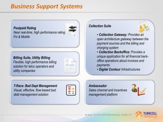 Business Support Systems

                                          Collection Suite
Postpaid Rating
Near real-time, high performance rating
                                               • Collection Gateway: Provides an
Fix & Mobile
                                               open architecture gateway between the
                                               payment sources and the billing and
                                               charging system
                                               • Collection Backoffice: Provides a
Billing Suite, Utility Billing                 unique application for all financial back-
Flexible, high performance billing             office operations about invoices and
solution for telco operators and               payments
utility companies                              • Digital Contour Infrastructures



T-Race: Bad Dept Management               Ambassador
Visual, effective, flow-based bad         Sales channel and incentives
debt management solution                  management platform
 