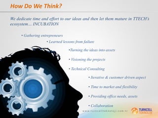 How Do We Think?
We dedicate time and effort to our ideas and then let them mature in TTECH’s
ecosystem… INCUBATION

      • Gathering entrepreneurs
                     • Learned lessons from failure

                                  •Turning the ideas into assets

                                  • Visioning the projects

                                  • Technical Consulting

                                               • Iterative & customer driven aspect

                                               • Time to market and flexibility

                                               • Providing office needs, assets

                                               • Collaboration
 