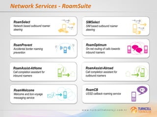 Network Services - RoamSuite

 RoamSelect                      SIMSelect
 Network based outbound roamer   SIM based outbound roamer
 steering                        steering




 RoamPrevent                     RoamOptimum
 Accidental border roaming       On-net routing of calls towards
 prevention                      inbound roamers




 RoamAssist-AtHome               RoamAssist-Abroad
 Call completion assistant for   Call completion assistant for
 inbound roamers                 outbound roamers



 RoamWelcome                     RoamCB
 Welcome and bon-voyage          USSD callback roaming service
 messaging service
 