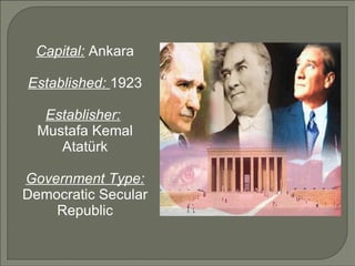 <ul><ul><li>Capital:  Ankara </li></ul></ul><ul><ul><li>Established:  1923 </li></ul></ul><ul><ul><li>Establisher:   </li>...