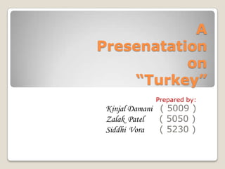 A Presenatationon “Turkey” Prepared by: KinjalDamani( 5009 ) ZalakPatel     ( 5050 ) SiddhiVora     ( 5230 ) 