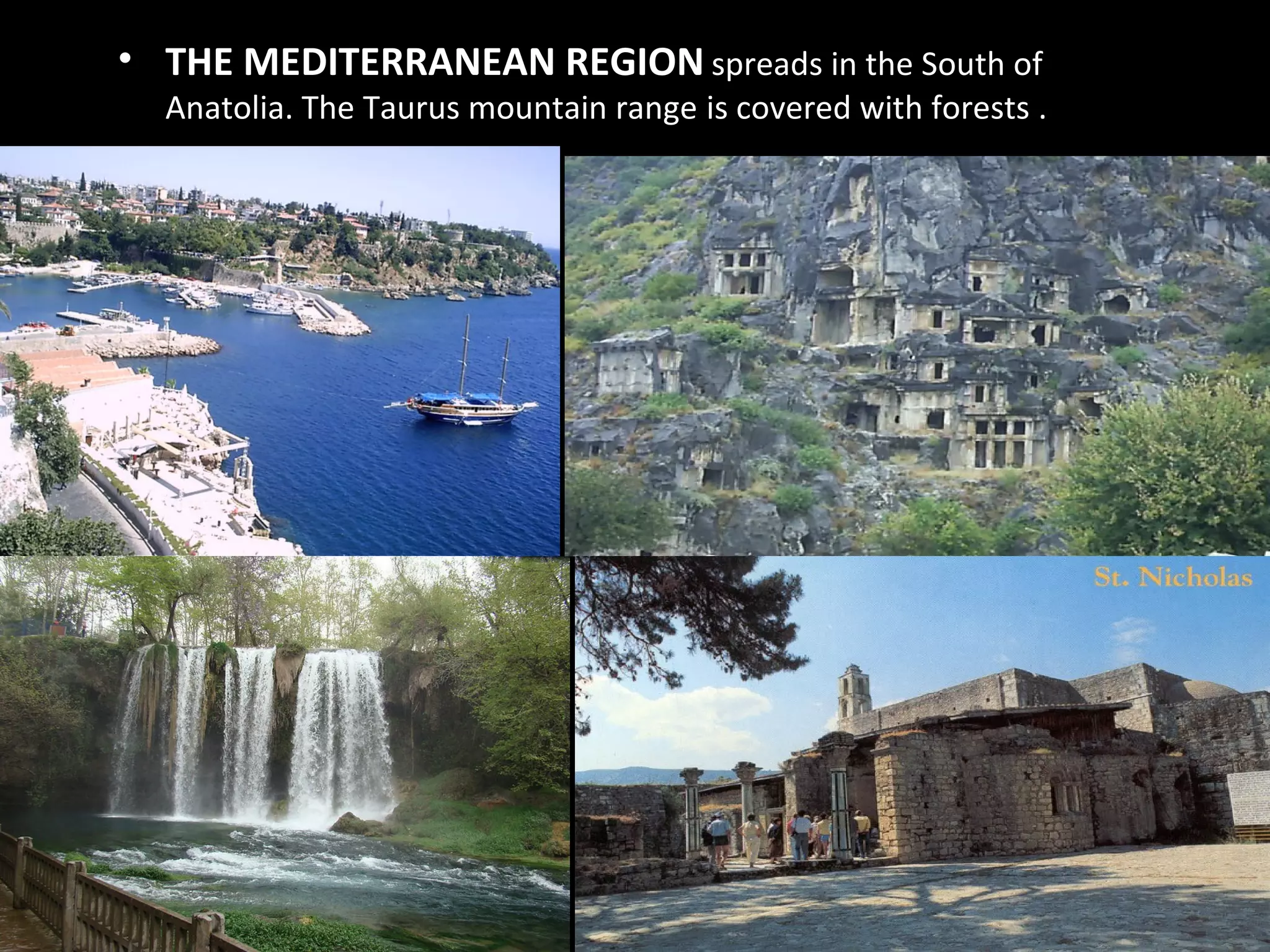 • THE MEDITERRANEAN REGION spreads in the South of
  Anatolia. The Taurus mountain range is covered with forests .
 