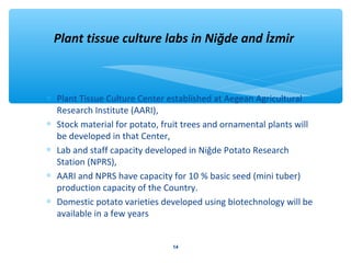 Plant tissue culture labs in Niğde and İzmir 
* Plant Tissue Culture Center established at Aegean Agricultural 
Research Institute (AARI), 
* Stock material for potato, fruit trees and ornamental plants will 
be developed in that Center, 
* Lab and staff capacity developed in Niğde Potato Research 
Station (NPRS), 
* AARI and NPRS have capacity for 10 % basic seed (mini tuber) 
production capacity of the Country. 
* Domestic potato varieties developed using biotechnology will be 
available in a few years 
14 
 