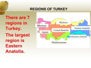 REGIONS OF TURKEY
There are 7
regions in
Turkey.
The largest
region is
Eastern
Anatolia.
Southeastern Anatolia
Mediterranean
Agean
Marmara
Blacksea
Central Anatolia
Eastern Anatolia
 