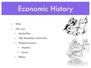 Economic History
• WW2
• After 1946
• Marshal Plan
• IMF, World Bank, NATO, EEA
• Wrong Investments
• Populism
• Sectors
• Welfare
 