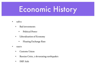 Economic History
• 1980s
• Bad investments
• Political Power
• Liberalization of Economy
• Floating Exchange Rate
• 1990s
• Customs Union
• Russian Crisis, 2 devastating earthquakes
• IMF Aids
 