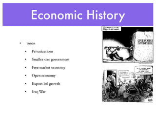 Economic History
• 1990s
• Privatizations
• Smaller size government
• Free market economy
• Open economy
• Export led growth
• Iraq War
 