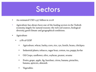 Sectors
• An estimated USD 1,557 billion in 2008
• Agriculture has always been one of the leading sectors in the Turkish
economy, largely for natural reasons: the rich soil sources, biological
diversity, good climate and geographical conditions.
• Agriculture
• 27% of GDP
• Agriculture; wheat, barley, corn, rice, rye, lentils, beans, chickpea
• Industrial plants; tobacco, sugar beat, cotton, tea, poppy, kevlar
• Oil Crops; sunﬂower, olive, soybean, peanut, sesame
• Fruits; grape, apple, ﬁg, hazelnut, citrus, banana, pistachio,
banana, apricots, almonds
• Vegetables
 