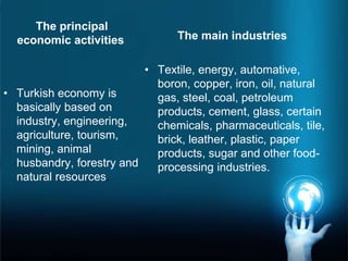 The principal
economic activities
• Turkish economy is
basically based on
industry, engineering,
agriculture, tourism,
mining, animal
husbandry, forestry and
natural resources.
The main industries
• Textile, energy, automative,
boron, copper, iron, oil, natural
gas, steel, coal, petroleum
products, cement, glass, certain
chemicals, pharmaceuticals, tile,
brick, leather, plastic, paper
products, sugar and other food-
processing industries.
 
