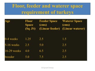 Floor, feeder and waterer space
requirement of turkeys
Age Floor
Space
(Sq .Ft)
Feeder Space
(cms)
(Linear feeder)
Waterer Space
(cms)
(Linear waterer)
0-4 weeks 1.25 2.5 1.5
5-16 weeks 2.5 5.0 2.5
16-29 weeks 4.0 6.5 2.5
breeder 5.0 7.5 2.5
Dr Gurram Srinivas
 