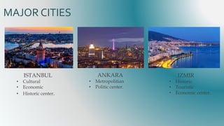 MAJOR CITIES
ISTANBUL
• Cultural
• Economic
• Historic center.
IZMIR
• Historic
• Touristic
• Economic center.
ANKARA
• Metropolitian
• Politic center.
 
