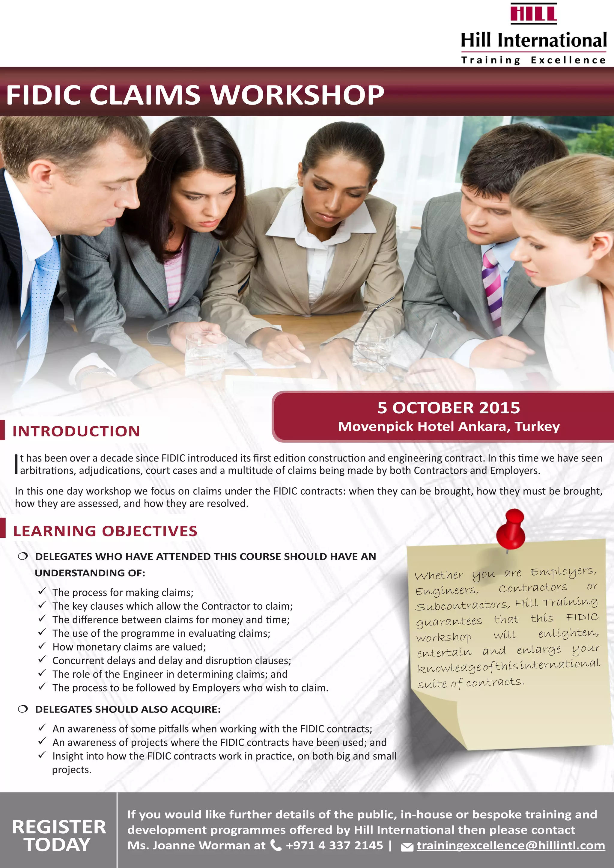 1 Day FIDIC Claims Workshop, 5 October 2015, Movenpick Hotel Ankara ...