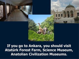 If you go to Ankara, you should visit Atatürk Forest Farm, Science Museum, Anatolian Civilization Museums. 