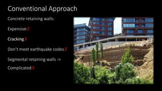 Conventional Approach
Concrete retaining walls:
Expensive✗
Cracking✗
Don’t meet earthquake codes✗
Segmental retaining walls ->
Complicated✗
 