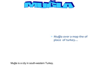Turkey map


                                     ∗ Muğla over a map the of
                                       place of turkey…




Muğla is a city in south-western Turkey.
 