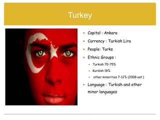 Turkey

    Capital : Ankara

    Currency : Turkish Lira

    People: Turks

    Ethnic Groups :
      Turkish 70-75%

      Kurdish 18%

        other minorities 7-12% (2008 est.)

    Language : Turkish and other

     minor languages
 