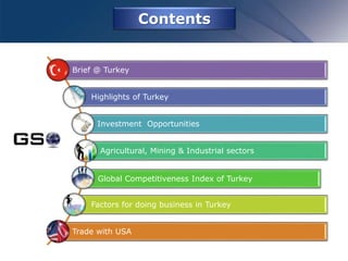 Contents
Brief @ Turkey
Highlights of Turkey
Investment Opportunities
Agricultural, Mining & Industrial sectors
Global Competitiveness Index of Turkey
Factors for doing business in Turkey
Trade with USA
 