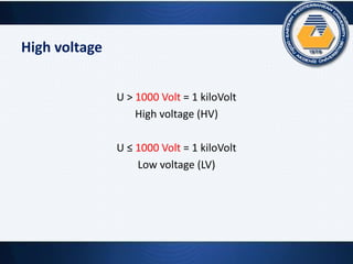 High voltage
U > 1000 Volt = 1 kiloVolt
High voltage (HV)
U ≤ 1000 Volt = 1 kiloVolt
Low voltage (LV)
 