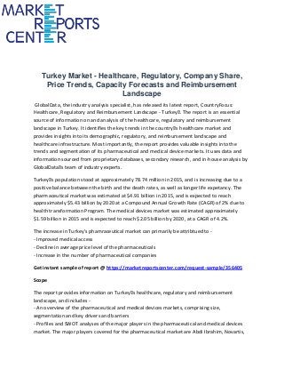 Turkey Market - Healthcare, Regulatory, Company Share,
Price Trends, Capacity Forecasts and Reimbursement
Landscape
GlobalData, the industry analysis specialist, has released its latest report, CountryFocus:
Healthcare, Regulatory and Reimbursement Landscape - Turkey”. The report is an essential
source of information on and analysis of the healthcare, regulatory and reimbursement
landscape in Turkey. It identifies the key trends in the country’ s healthcare market and
provides insights into its demographic, regulatory, and reimbursement landscape and
healthcare infrastructure. Most importantly, the report provides valuable insights into the
trends and segmentation of its pharmaceutical and medical device markets. It uses data and
information sourced from proprietary databases, secondary research, and in-house analysis by
GlobalData’ s team of industry experts.
Turkey’ s population stood at approximately 78.74 million in 2015, and is increasing due to a
positive balance between the birth and the death rates, as well as longer life expetancy. The
pharmaceutical market was estimated at $4.91 billion in 2015, and is expected to reach
approximately $5.43 billion by 2020 at a Compound Annual Growth Rate (CAGR) of 2% due to
health transformation Program. The medical devices market was estimated approximately
$1.59 billion in 2015 and is expected to reach $2.05 billion by 2020, at a CAGR of 4.2%.
The increase in Turkey's phamraceutical market can primarily be attribtued to -
- Improved medical access
- Decline in average price level of the pharmaceuticals
- Increase in the number of pharmaceutical companies
Get instant sample of report @ https://marketreportscenter.com/request-sample/356405
Scope
The report provides information on Turkey’ s healthcare, regulatory and reimbursement
landscape, and includes -
- An overview of the pharmaceutical and medical devices markets, comprising size,
segmentation and key drivers and barriers
- Profiles and SWOT analyses of the major players in the pharmaceutical and medical devices
market. The major players covered for the pharmaceutical market are Abdi Ibrahim, Novartis,
 