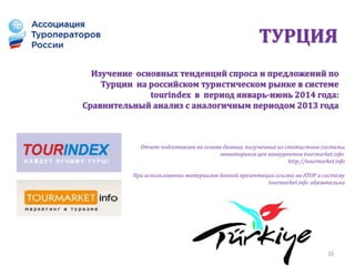 ТУРЦИЯ
Отчет подготовлен на основе данных, полученных из статистики системы
мониторинга цен конкурентов tourmarket.info:
http://tourmarket.info
При использовании материалов данной презентации ссылка на АТОР и систему
tourmarket.info обязательна
Изучение основных тенденций спроса и предложений по
Турции на российском туристическом рынке в системе
tourindex в период январь-июнь 2014 года:
Сравнительный анализ с аналогичным периодом 2013 года
20
 