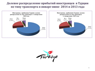 Долевое распределение прибытий иностранцев в Турции
по типу транспорта в январе-июне 2014 и 2013 года
8
Авиа
72.9%
Авто
21.9%
Ж/д
0.1%
Море
5.1%
Иностранцы, прибывшие Турцию: долевое
распределение по типу транспорта в январе-июне
2014 года
Авиа
71.5%
Авто
22.6%
Ж/д
0.1%
Море
5.8%
Иностранцы, прибывшие Турцию: долевое
распределение по типу транспорта
в январе-июне 2013 года
 