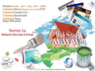 Domain (.com - .net - .org - .biz - .info)
Unlimited Host (Windows & Linux)+FTP
Unlimited Emails POP3
Unlimited Bandwidth
Unlimited Pages
Mega MH panel
 