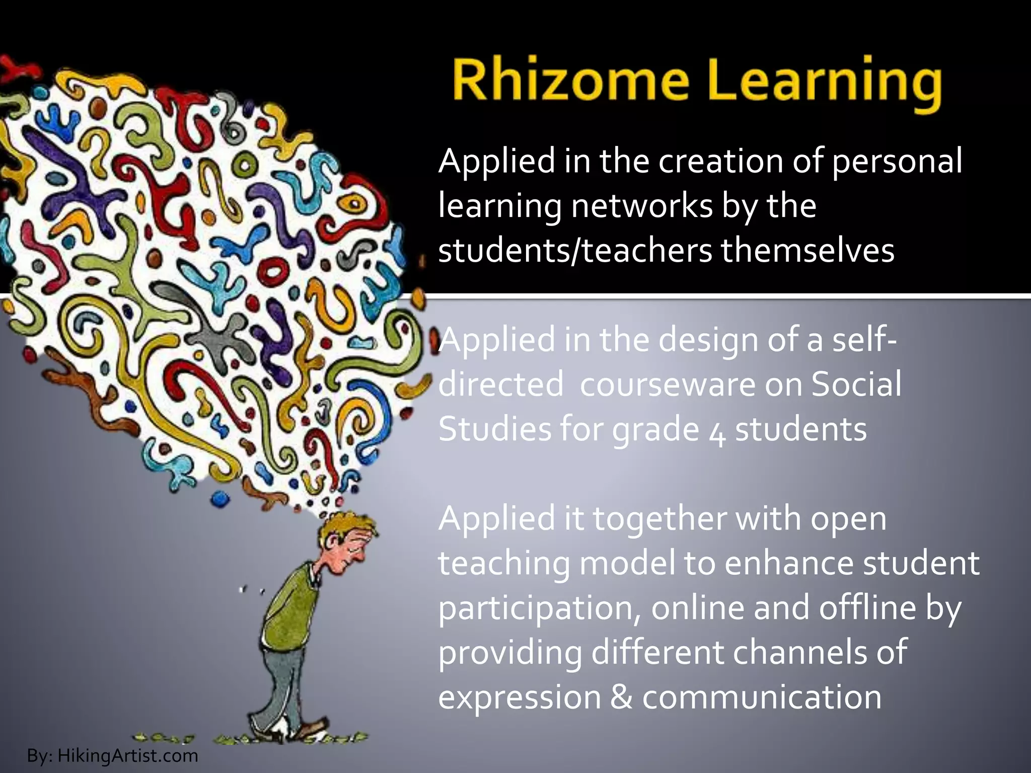 By: HikingArtist.com
Applied in the creation of personal
learning networks by the
students/teachers themselves
Applied in the design of a self-
directed courseware on Social
Studies for grade 4 students
Applied it together with open
teaching model to enhance student
participation, online and offline by
providing different channels of
expression & communication
 