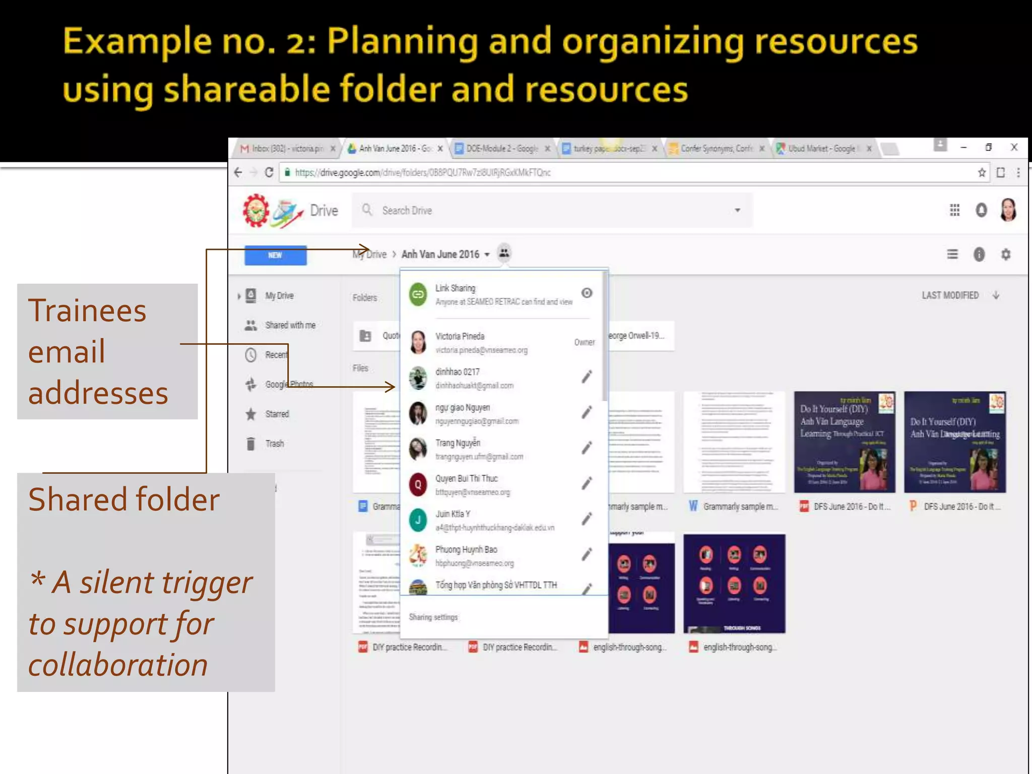 Trainees
email
addresses
Shared folder
* A silent trigger
to support for
collaboration
 