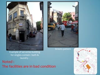 Streets pattern
    Example of serveries building
     for singles contain : bath &
               laundry .
Noted :
The facilities are in bad condition
 