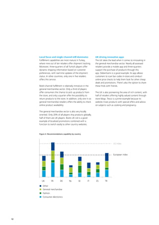 12
Local focus and single-channel still dominates
Fulfillment capabilities are most mature in Turkey,
where nine out of ten retailers offer shipment tracking.
Moreover, three-quarters of all Turkish players offer
dynamic shipping information based on customer
preferences, with real time updates of the shipment
status. In other countries, only one in five retailers
offers this service.
Multi-channel fulfillment is relatively immature in the
general merchandise sector. Only a third of players
offer consumers the chance to pick up products from
the store, and only a quarter offer the possibility to
return products to the store. In addition, only one in six
general merchandise retailers offers the ability to check
online product availability.
The general merchandise sector is also very locally
oriented. Only 20% of all players ship products globally,
half of them are UK players. Boots UK Ltd is a good
example of localized promotions combined with a
function to switch easily to other country websites.
UK driving innovative apps
The UK takes the lead when it comes to innovating in
the general merchandise sector. Nearly all assessed
retailers provide a mobile app and three-quarters
support the purchase of products through this
app. Debenhams is a good example. Its app allows
customers to scan bar codes in-store and conduct
online price checks to help them look for other cheap
deals and promotions. There’s also the option to share
these finds with friends.
The UK is also pioneering the area of rich content, with
half of retailers offering highly valued content through
store blogs. Tesco is a prime example because its
website mixes products with special offers and advice
on subjects such as cooking and pregnancy.
Figure 4: Recommendations capability by country
UK  FR  DE  NL  SE  IT  ES  TR 
Other 
General merchandise 
Fashion 
Consumer electronics 
UK  FR  DE  NL  SE  IT  ES  TR 
Other 
General merchandise 
Fashion 
Consumer electronics 
US index
European index
 