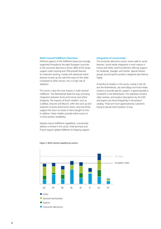 8
Multi-channel fulfillment flourishes
Different aspects of the fulfillment phase are strongly
supported throughout the eight European countries.
In the consumer electronics sector, 90% of the shops
support order tracking and 75% provide features
for shipment tracking, mostly with advanced online
features to look up the real-time status of the order.
Compared to other sectors, this is a high rate of
adoption.
This sector is also the most mature in multi-channel
fulfillment. The Netherlands leads the way, providing
integration between bricks and mortar and online
shopping. The majority of Dutch retailers, such as
Coolblue, Dexcom and Mycom, offer item pick up and
shipment to bricks-and-mortar stores, and two-thirds
support the return to stores of items bought on line.
In addition, these retailers provide online access to
in-store product availability.
Despite mature fulfillment capabilities, cross-border
delivery is limited in this sector. Only Germany and
France support global fulfillment  shipping support.
Integration of social media
The consumer electronics sector scores well on social
features. Social media integration is most mature in
France with FNAC and Price Minister offering support
for Facebook, Google+ and Twitter. Special interest
groups around specific product categories also feature
highly.
A handful of retailers in this sector, mainly in the UK
and the Netherlands, use store blogs and multi-media
content to provide specific support. A good example is
Create2Fit in the Netherlands. This webshop contains
video reviews, and product descriptions by the CEO
and experts are found frequently in the product
catalog. These are much appreciated by customers
trying to decide which product to buy.
User M
anagem
ent 
Catalog 
Product Search/Selection 
User Experience Shopping Cart 
Shipping Details 
Paym
ent Inform
ation Place Order 
M
anage Orders 
Shipping  Fulﬁllm
ent 
Custom
er Service 
Recom
m
endations Globalization Rich content 
M
ulti-Channel Support 
Social Netw
orking 
M
obile Com
m
erce 
North 
UK 
South 
US index 
UK  FR  DE  NL  SE  IT  ES  TR 
Other 
General merchandise 
Fashion 
Consumer electronics 
US index
European index
Figure 2: Multi-channel capability by country
 