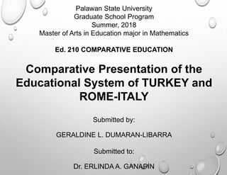 Palawan State University
Graduate School Program
Summer, 2018
Master of Arts in Education major in Mathematics
Ed. 210 COMPARATIVE EDUCATION
Comparative Presentation of the
Educational System of TURKEY and
ROME-ITALY
Submitted by:
GERALDINE L. DUMARAN-LIBARRA
Submitted to:
Dr. ERLINDA A. GANAPIN
 