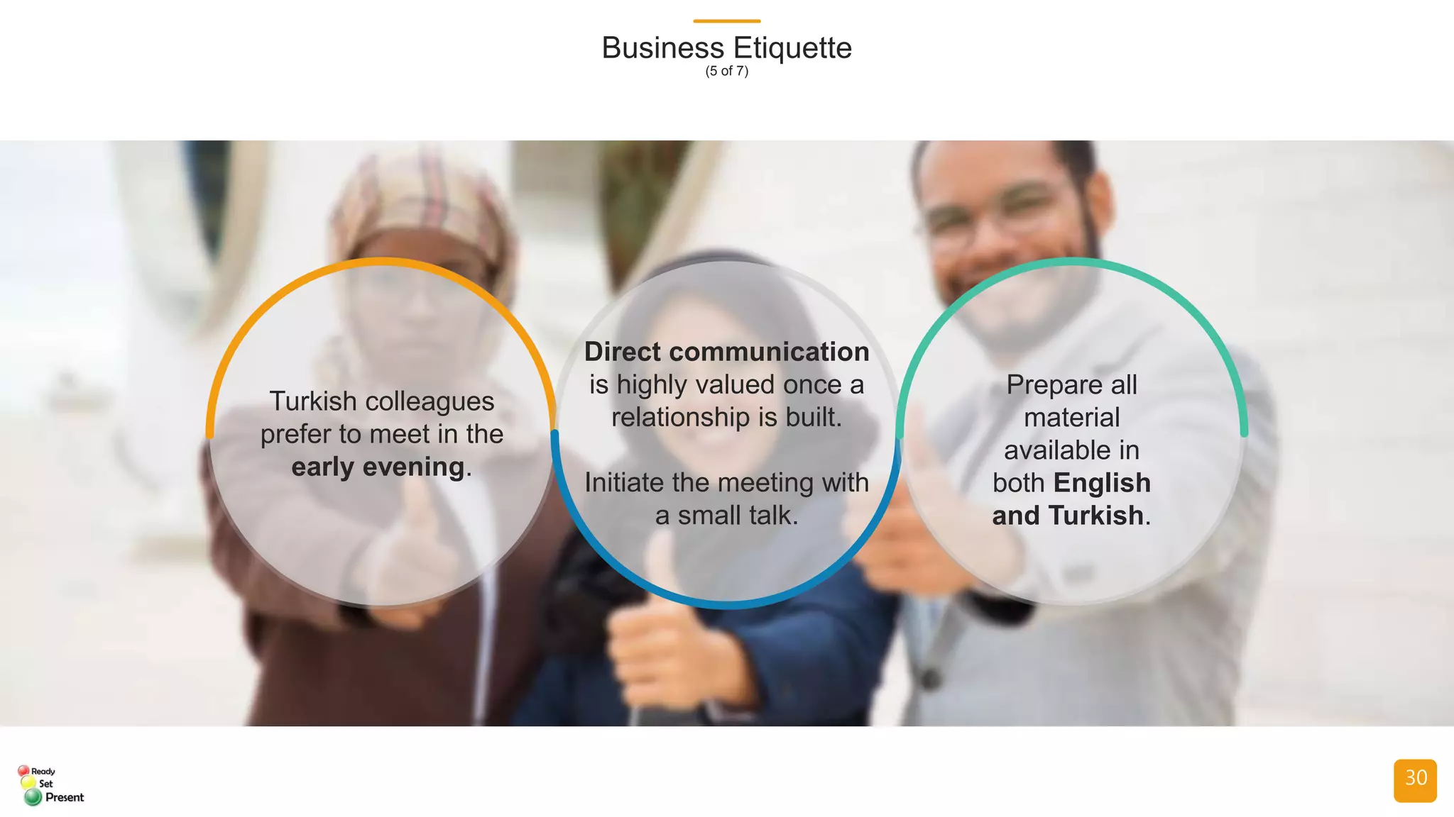 Business Etiquette
(5 of 7)
30
Turkish colleagues
prefer to meet in the
early evening.
Direct communication
is highly valued once a
relationship is built.
Initiate the meeting with
a small talk.
Prepare all
material
available in
both English
and Turkish.
