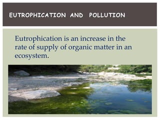 Eutrophication is an increase in the
rate of supply of organic matter in an
ecosystem.
 