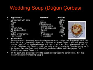 Wedding Soup (Düğün Çorbası)
• Ingredients                                Measure                Amount          
• Lamb meat with bone ---- ½ kg.
Water 4 cups 960 g
Salt 2 teaspoons 12g
Egg 1 medium size 50g
Lemon Juice 1 ½ tablespoons 20g
All- purpose flour ¼ cup 30g
Water 1 cup 240g
Butter or margarine 1 tablespoon 15g
Red Pepper ½ teaspoon 1g
• Instructions:
Simmer meat in 4 cups of water in a large saucepan until tender. Remove from liquid;
drain. Bone and dice stir in liquid. Add 1 cup of hot water. Season with salt, cover and
simmer gently. Combine beaten egg, yolk, lemon juice and flour, mixing well. Add 1
cup of cold water; stir Blend in broth gradually stirring constantly. Simmer gently for 2-
3 minutes. Remove from heat. Melt margarine in a skillet. Add red pepper; stir.
Sprinkle over soup. Serve hot.
• (In the past, this dish was served to guests during wedding ceremonies. For this
reason it is called “Wedding Soup”)
 