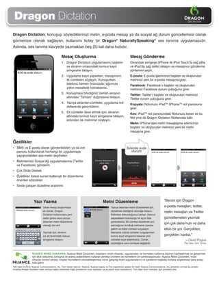 Dragon Dictation
Dragon Dictation, konuşup söylediklerinizi metin, e-posta mesajı ya da sosyal ağ durum güncellemesi olarak
görmenize olanak sağlayan, kullanımı kolay bir Dragon® NaturallySpeaking® ses tanıma uygulamasıdır.
Aslında, ses tanıma klavyede yazmaktan beş (5) kat daha hızlıdır.

                                                 Mesaj Oluşturma                                                      Mesaj Gönderme
                                                 1.	 Dragon Dictation uygulamasını başlatın                           Ekrandaki simgeye (iPhone ile iPod Touch’ta sağ altta
                                                     ve ekranın ortasındaki kırmızı kayıt                             ve iPad’de sağ üstte) tıklayın ve mesajınızı gönderme
                                                     simgesine tıklayın.                                              yöntemini seçin.
                                                 2.	 Uygulama kayıt yaparken, mesajınızın                             E-posta: E-posta işlemcinizi başlatır ve oluşturulan
                                                     ilk cümlesini söyleyin. Konuşurken                               metninizi yeni bir e-posta mesajına girer.
                                                     telefonu hemen önünüzde, ağzınıza                                Facebook: Facebook’u başlatır ve oluşturulan
                                                     yakın mesafede tutmalısınız.                                     metninizi Facebook durum çubuğuna girer.
                                                 3.	 Konuşmayı bitirdiğiniz zaman ekranın                             Twitter: Twitter’ı başlatır ve oluşturulan metninizi
                                                     altındaki “Tamam” düğmesine tıklayın.                            Twitter durum çubuğuna girer.
                                                 4.	 Yazıya aktarılan cümleler, uygulama not                          Kopyala: Notunuzu iPadTM /iPhoneTM not panosuna
                                                     defterinde görüntülenir.                                         girer.
                                                 5.	 Ek cümleler ilave etmek için, ekranın                            Kes: iPadTM not panosundaki Notunuzu keser ve bu
                                                     altındaki kırmızı kayıt simgesine tıklayın,                      Not yine de Dragon Dictation Notlarında kalır.
                                                     ardından ek metninizi söyleyin.
                                                                                                                      Metin: iPhone’daki metin mesajlaşma istemcinizi
                                                                                                                      başlatır ve oluşturulan metninizi yeni bir metin
                                                                                                                      mesajına girer.


Özellikler
•	 SMS ve E-posta olarak gönderilebilen ya da not                                                                 Sekizde evde
   panosu kullanılarak herhangi bir uygulamaya                                                                       olurum
   yapıştırılabilen ses-metin deşifreleri
•	 Metinlerinizi Sosyal Ağ uygulamalarına (Twitter
   ve Facebook) gönderin
•	 Çok Dilde Destek
•	 Özellikler listesi sunan kullanışlı bir düzenleme
   önerilen sözcükler
•	 Sesle çalışan düzeltme arabirimi




                     Yazı Yazma                                                           Metni Düzenleme                                               “Benim için Dragon
                              Sesle mesaj oluşturmaya                                             Yazıya aktarılan metni düzenlemek için,               e-posta mesajları, notlar,
                              ek olarak, Dragon                                                   düzeltmek istediğiniz sözcüğe tıklayın.               metin mesajları ve Twitter
                              Dictation kullanıcılara yeni                                        Kelimeye dokunduğunuz zaman, mevcut
                              metin girme veya yazıya                                             seçeneklerin bulunduğu bir açılır liste               güncellemeleri yazmak
                              aktarılan metni düzenleme                                           göreceksiniz. Bir cümleyi düzeltmek için,
                              olanağı da verir.                                                   parmağınızı iki bitişik kelimenin üzerine
                                                                                                                                                        için çok daha hızlı ve daha
                                                                                                  getirin ve bütün cümleyi vurgulayın.                  etkin bir yol. Gerçekten,
                              Yazmak için, ekranın                                                İsterseniz orijinal cümleler vurgulanırken
                              sol alt tarafındaki klavye                                          kırmızı kayıt simgesine basarak yeni                  gerçekten harika.”
                              simgesine tıklayın.                                                 cümleler kayıt edebilirsiniz. Cümle,                                       —David Pogue
                                                                                                  söylediğiniz yeni cümleyle değiştirilir.                                  The New York Times



                   NUANCE MOBIL HAKKINDA Nuance Mobil Çözümleri, insanların mobil cihazları, uygulamaları ve hizmetleri kullanma biçimini basitleştirmek ve geliştirmek
                   için akıllı dokunma, konuşma ve arama arabirimlerini kullanan yenilikçi ürünlerin ve hizmetlerin bir kombinasyonudur. Nuance Mobil Çözümleri, mobil
                   cihazları kontrol etmeyi, müşteri hizmetlerini otomatikleştirmeyi ve en gelişmiş mobil uygulamalarını ve içeriklerini keşfedip bunlara erişebilmeyi daha kolay
                   hale getirir.
Telif hakkı © 2012, Nuance Communications, Inc. Tüm hakları saklıdır. Nuance, Nuance logosu ve The experience speaks for itself; Nuance Communications, Inc. şirketinin ve/veya bu şirketin
Amerika Birleşik Devletleri’ndeki ve/veya başka ülkelerdeki bağlı şirketlerinin ticari markaları ya da kayıtlı ticari markalarıdır. Tüm diğer ticari markalar, ilgili şirketlere aittir.
 