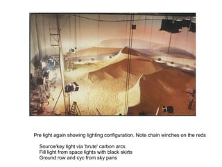 Pre light again showing lighting configuration. Note chain winches on the reds Source/key light via 'brute' carbon arcs Fi...