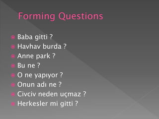  Baba gitti ?
 Havhav burda ?
 Anne park ?
 Bu ne ?
 O ne yapıyor ?
 Onun adı ne ?
 Civciv neden uçmaz ?
 Herkesler mi gitti ?
 