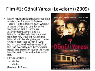 Film #1: Gönül Yarası (Lovelorn) (2005) Nazım returns to Istanbul after working as a teacher for years in Eastern Turkey.  He temporarily starts working as a cab driver, and one day while working, he meets Dünya, an astonishing customer.  She is a beautiful mother who has run away from her very troubled husband to Istanbul with her daughter, and has to sing at a nightclub to earn a living.  Nazım starts to drive her to and from the club every day, and becomes her helper and protector against the many troubles and obstacles life has set for her. Filming locations:  Istanbul Mardin Runtime: 142 min. 