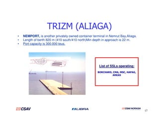 TRIZM (ALIAGA)
• NEMPORT, is another privately owned container terminal in Nemrut Bay,Aliaga.
• Length of berth 820 m (410 south/410 north)Min depth in approach is 22 m.
• Port capacity is 300.000 teus.
17
List of SSLs operating:
BORCHARD, CMA, MSC, HAPAG,
ARKAS
 