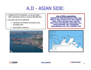 A.II - ASIAN SIDE:
• Traditional Port of Istanbul, run by the state –
2007 estimated volume is around 400.000 teus
• Has lost a lot of it’s potential;
• Containers to Private Terminals on the
European side
• Cars traffic to Derince
List of SSLs operating:
MAERSK/Scl, CMA-CGM/Delmas, HSDG, ZIM,
EMES, K-LINE, HAPAG LLOYD, YML, TURKON,
UASC, COSCO, BULCON, MISC, CONTAZ,
EMC/ITMA, HJS/SENATOR, BORCHARD, MCL,
CHINA SHIPPING, MOL, EVERGREEN,
CSAV/NORASIA, SCI, CCLL, MARFRET, NYK
9
 